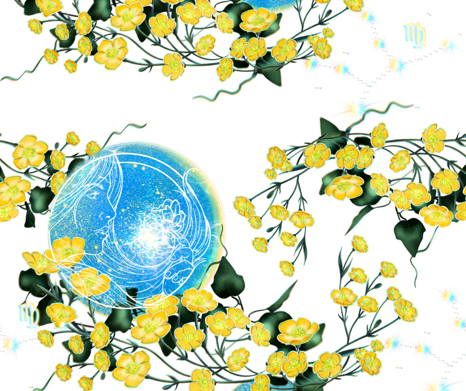 yellow cherry blossoms on white background with virgo symbol and blue orb with white sketch drawing of a maiden and a flower