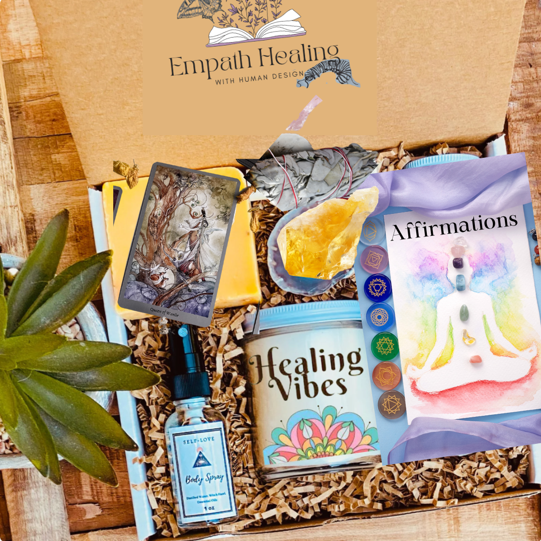box full of supportive healing items such as sage, oracle card, chakra affirmation cards, healing vibes candle, and aromatherapy body spray 