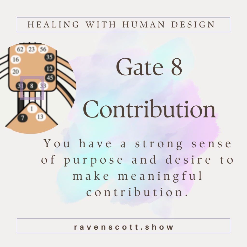 A graphic with the title "Healing with Human Design" at the top. Below, the text reads "Gate 8 Contribution" with a description: "You have a strong sense of purpose and desire to make meaningful contribution." The image features a Human Design chart highlighting Gate 8. The background has a soft, watercolor effect in pastel shades. At the bottom, the website "ravenscott.show" is displayed.