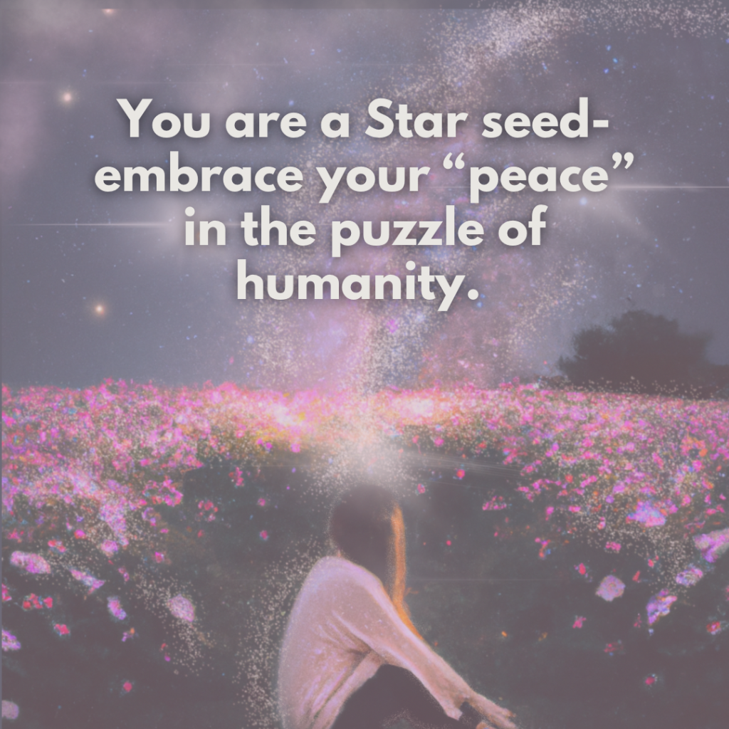 A person sits in a field of flowers, gazing into a starry sky filled with cosmic dust. The text overlay reads, "You are a Star seed - embrace your 'peace' in the puzzle of humanity." The scene evokes a sense of connection to the universe and inner contemplation.