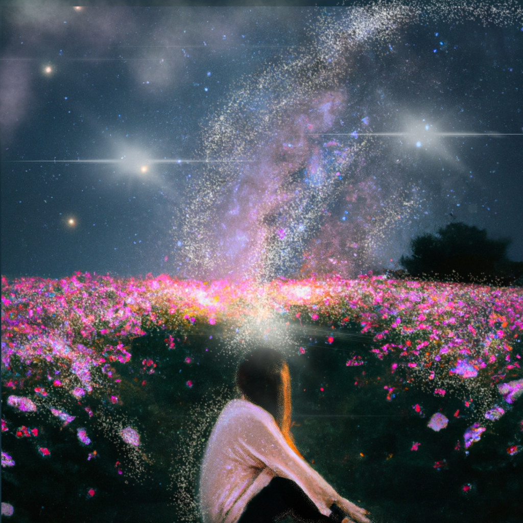 A person sits in a field of flowers, gazing into a starry sky filled with cosmic dust.The scene evokes a sense of connection to the universe and inner contemplation as a Star Seed.